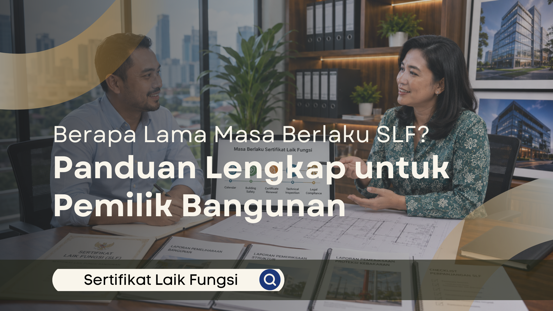 Konsultan SLF menjelaskan masa berlaku Sertifikat Laik Fungsi (SLF) kepada seorang pemilik bangunan dalam sesi konsultasi di kantor modern dengan dokumen teknis dan blueprint bangunan di atas meja.