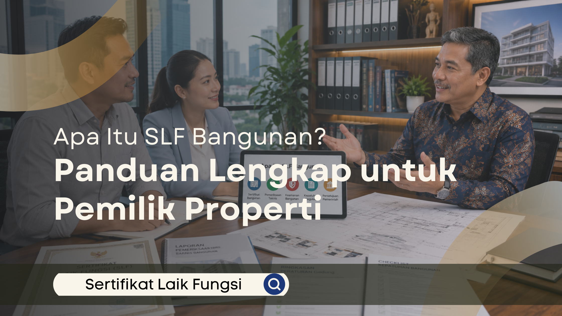Ilustrasi konsultasi profesional antara pasangan pemilik properti dan konsultan SLF yang menjelaskan pengertian, fungsi, serta manfaat Sertifikat Laik Fungsi (SLF) menggunakan dokumen teknis dan tablet presentasi di kantor konsultasi modern.