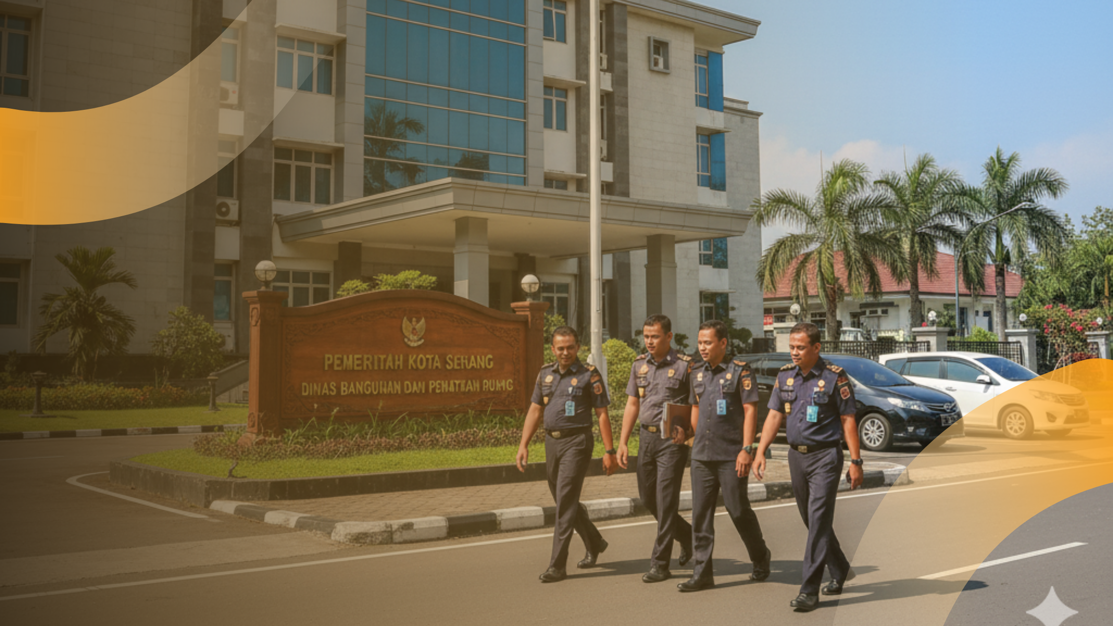 para pelayan negara sedang berjalan di depan kantor kepala daerah
