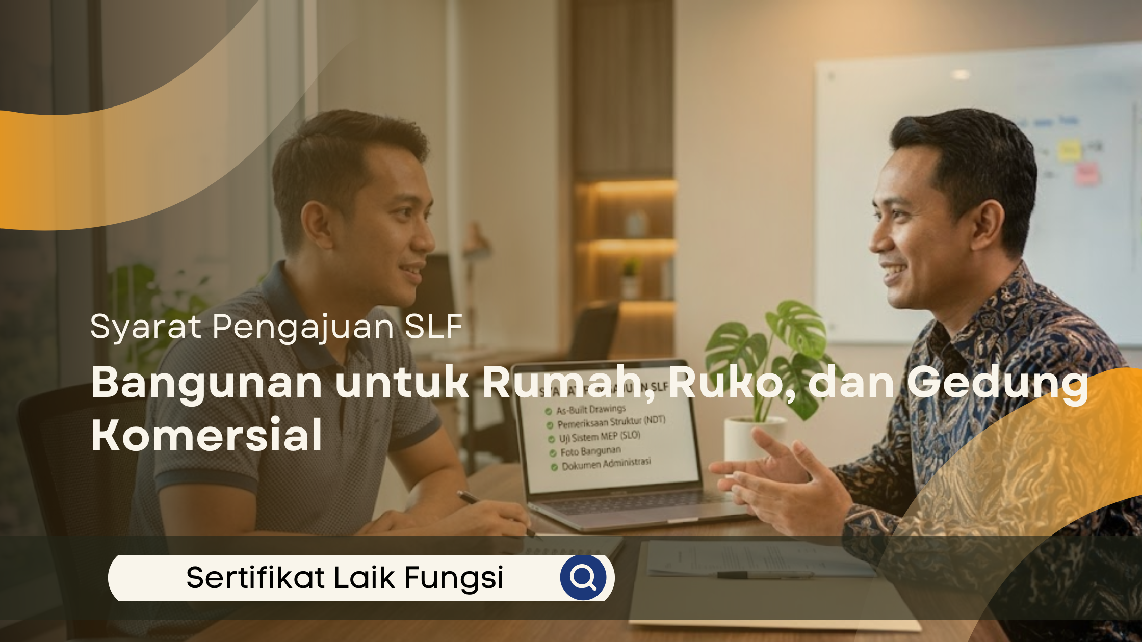 Konsultan SLF Serang sedang melakukan verifikasi data teknis syarat pengajuan SLF bersama klien di kantor dengan latar belakang gedung perkotaan