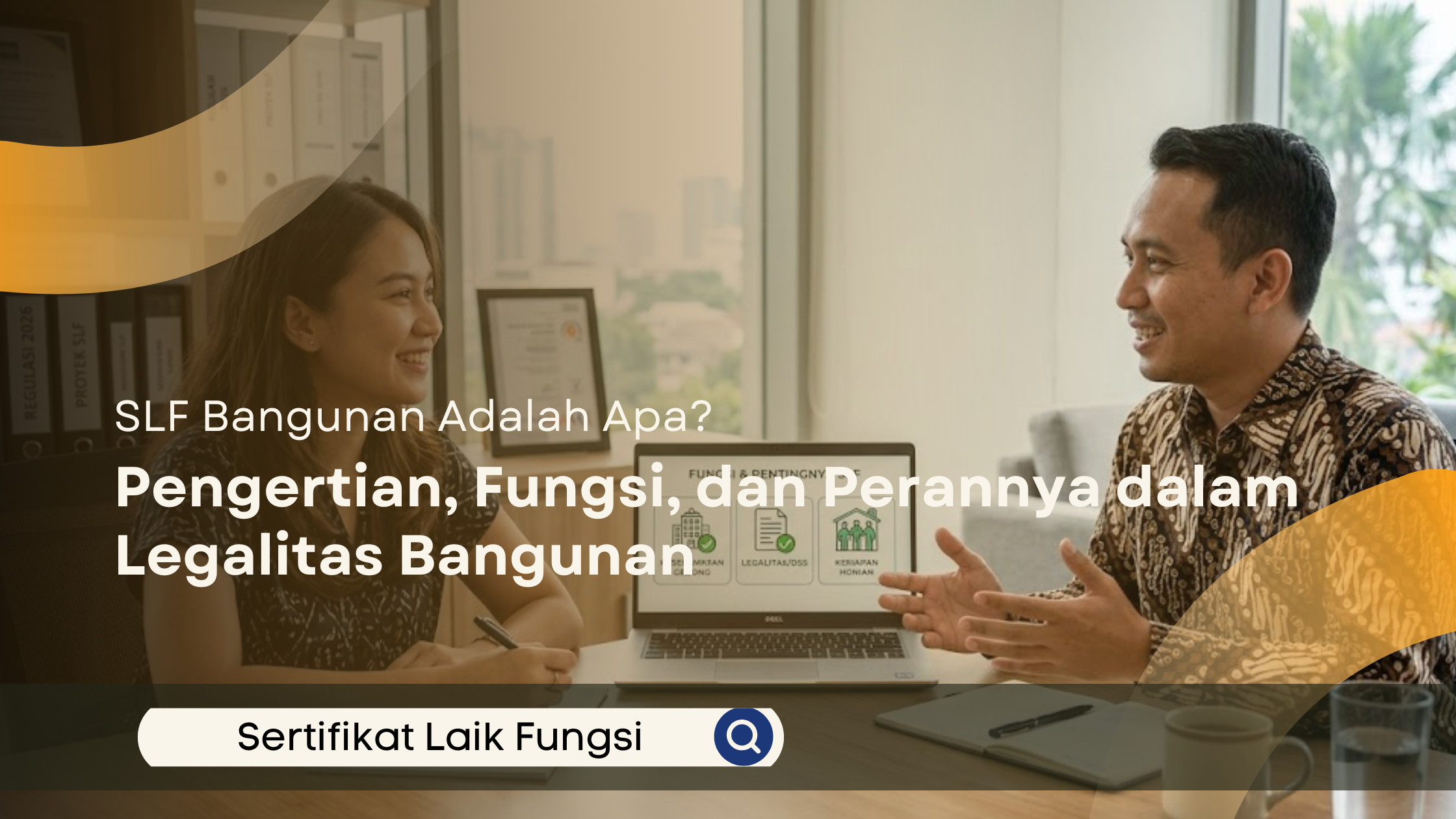 Konsultan SLF Serang memberikan penjelasan teknis mengenai diagram alir fungsi dan pentingnya Sertifikat Laik Fungsi kepada klien wanita di kantor