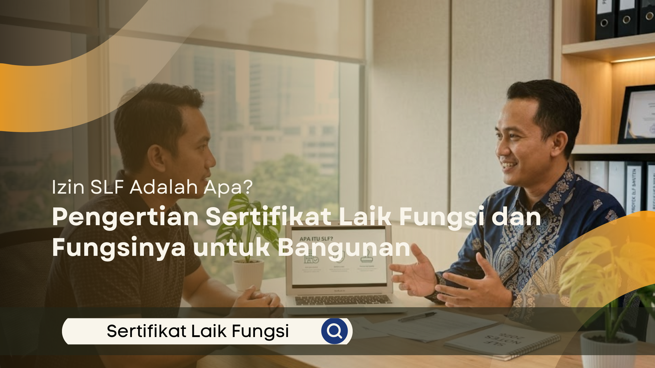 Klien pria Indonesia memberikan map dokumen teknis kepada konsultan pria di kantor profesional sebagai bagian dari prosedur pengajuan Sertifikat Laik Fungsi