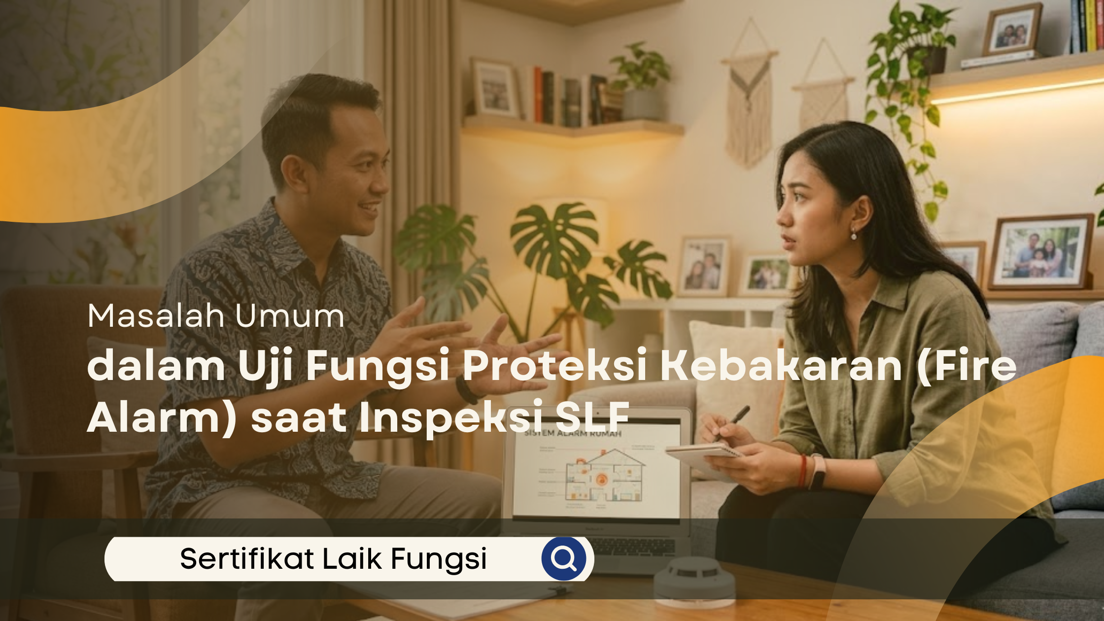 Konsultan SLF Serang sedang memberikan edukasi teknis mengenai sistem alarm rumah menggunakan laptop dan perangkat smoke detector kepada klien wanita di ruang tamu