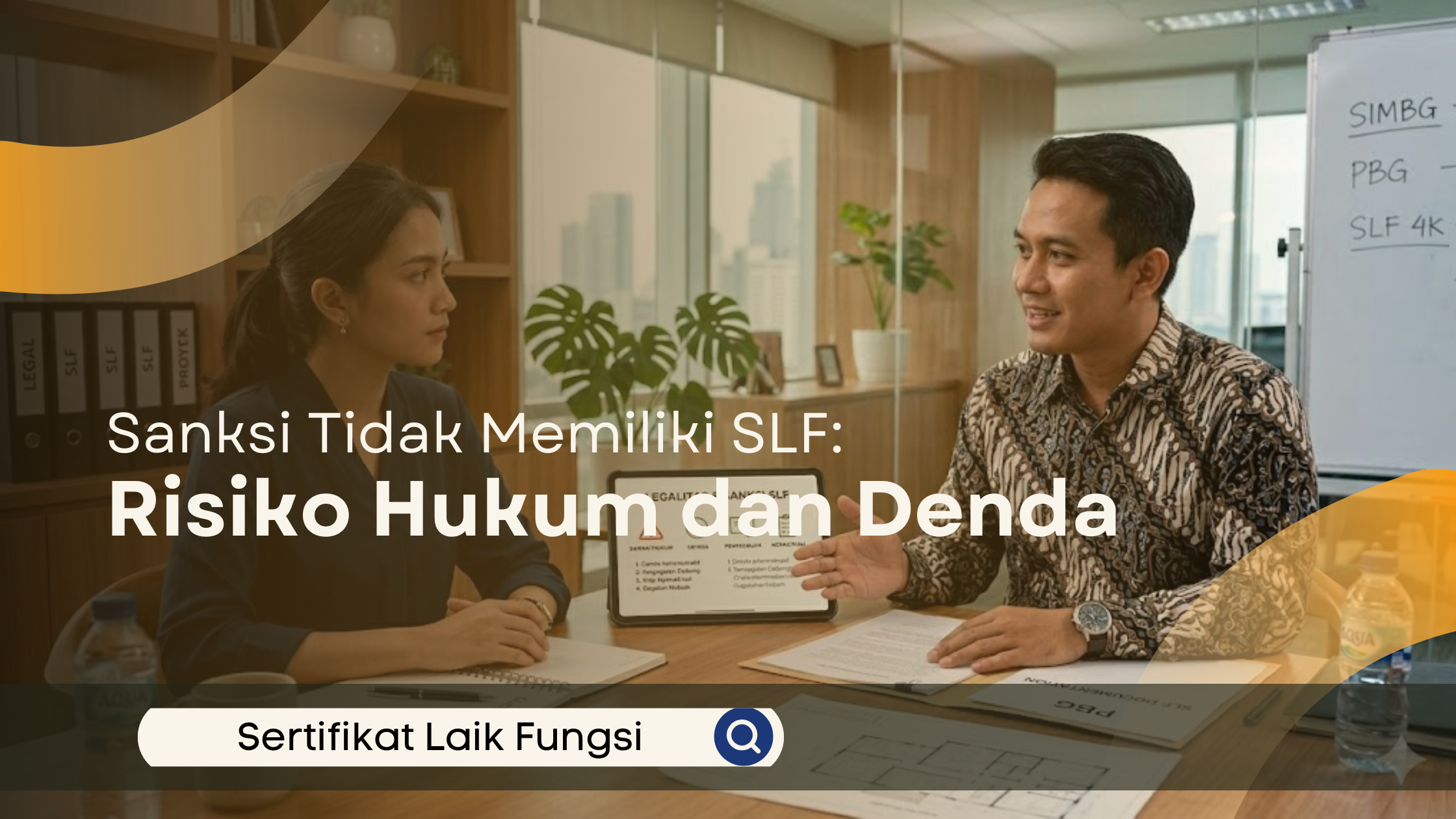 Konsultan pria berbaju batik sedang menjelaskan risiko hukum dan sanksi administratif Sertifikat Laik Fungsi (SLF) kepada klien wanita di ruang rapat kantor modern