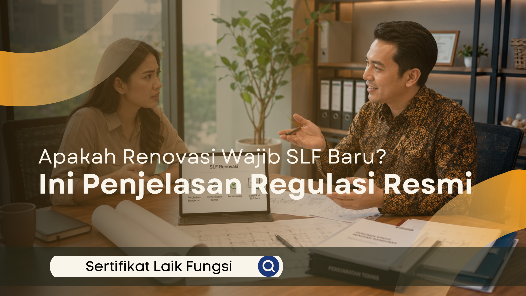 Client bertanya kepada konsultan tentang regulasi SLF setelah renovasi gedung.