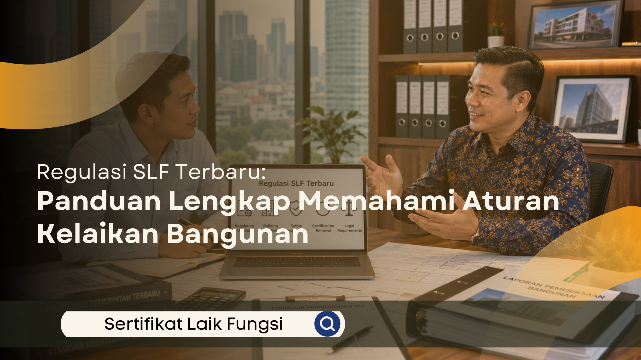 Konsultan bangunan menjelaskan regulasi SLF terbaru kepada klien dalam sesi konsultasi profesional di kantor modern, dengan dokumen teknis dan dashboard regulasi ditampilkan di meja kerja.
