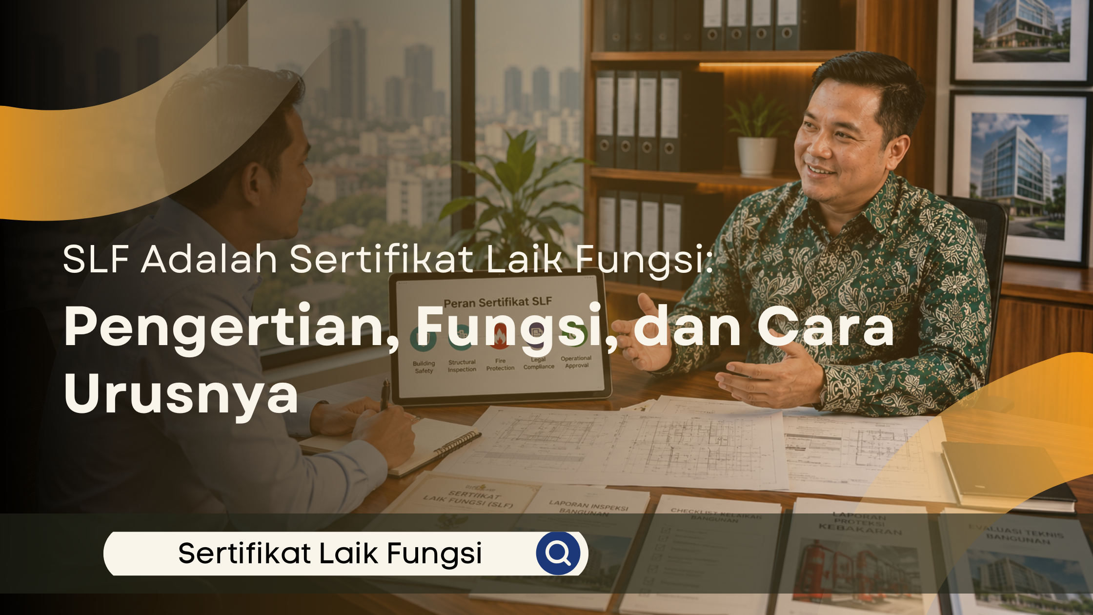 Seorang pemilik bangunan komersial berdiskusi dengan konsultan SLF di ruang konsultasi modern mengenai pengertian, fungsi, dan proses pengurusan Sertifikat Laik Fungsi (SLF), dengan dokumen teknis dan tablet sebagai media penjelasan.