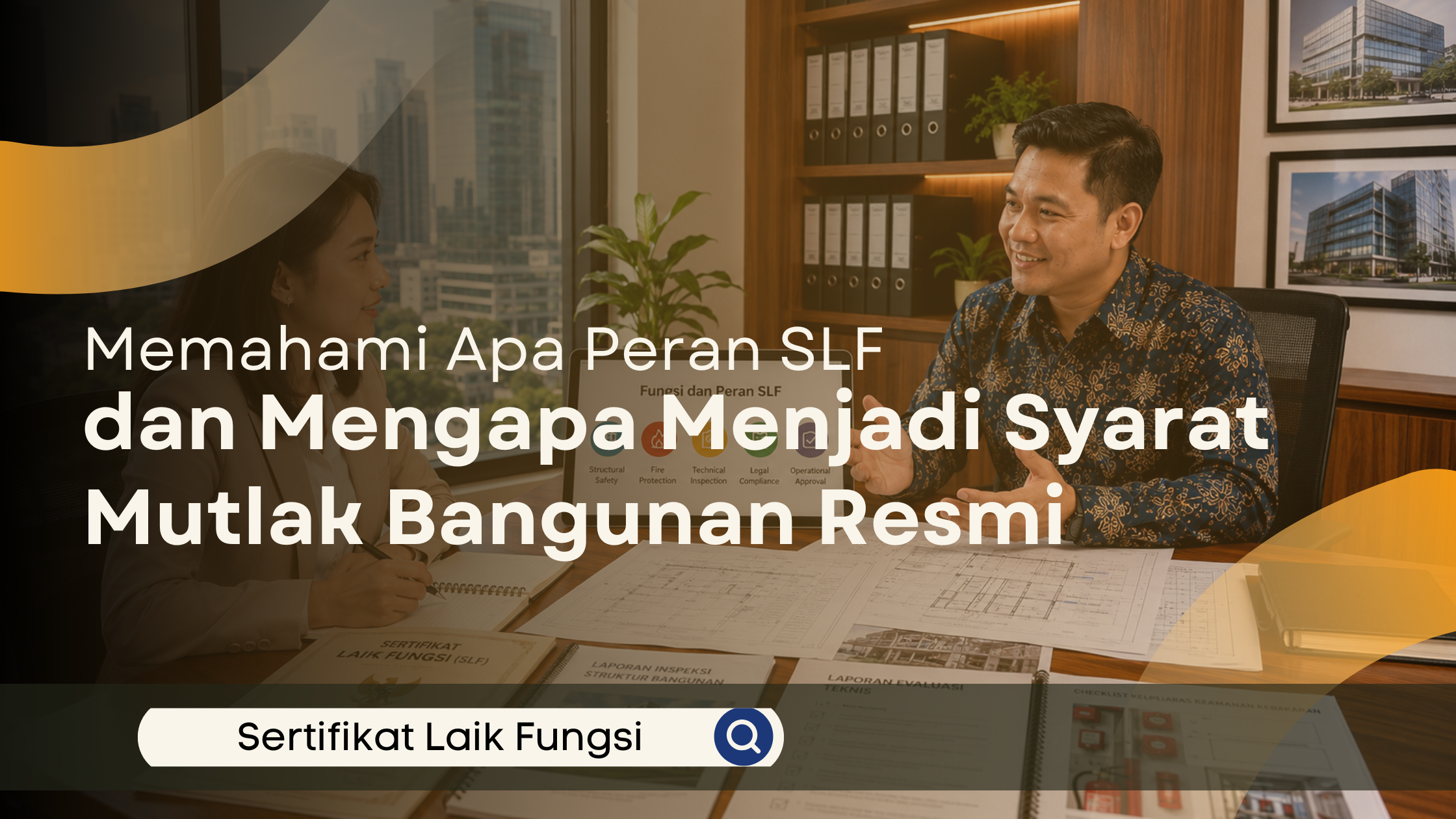 Konsultan menjelaskan peran Sertifikat Laik Fungsi (SLF) kepada pemilik bangunan dalam sesi konsultasi, disertai pembahasan dokumen teknis dan persyaratan legal untuk memastikan bangunan memenuhi standar keselamatan dan kelayakan fungsi.
