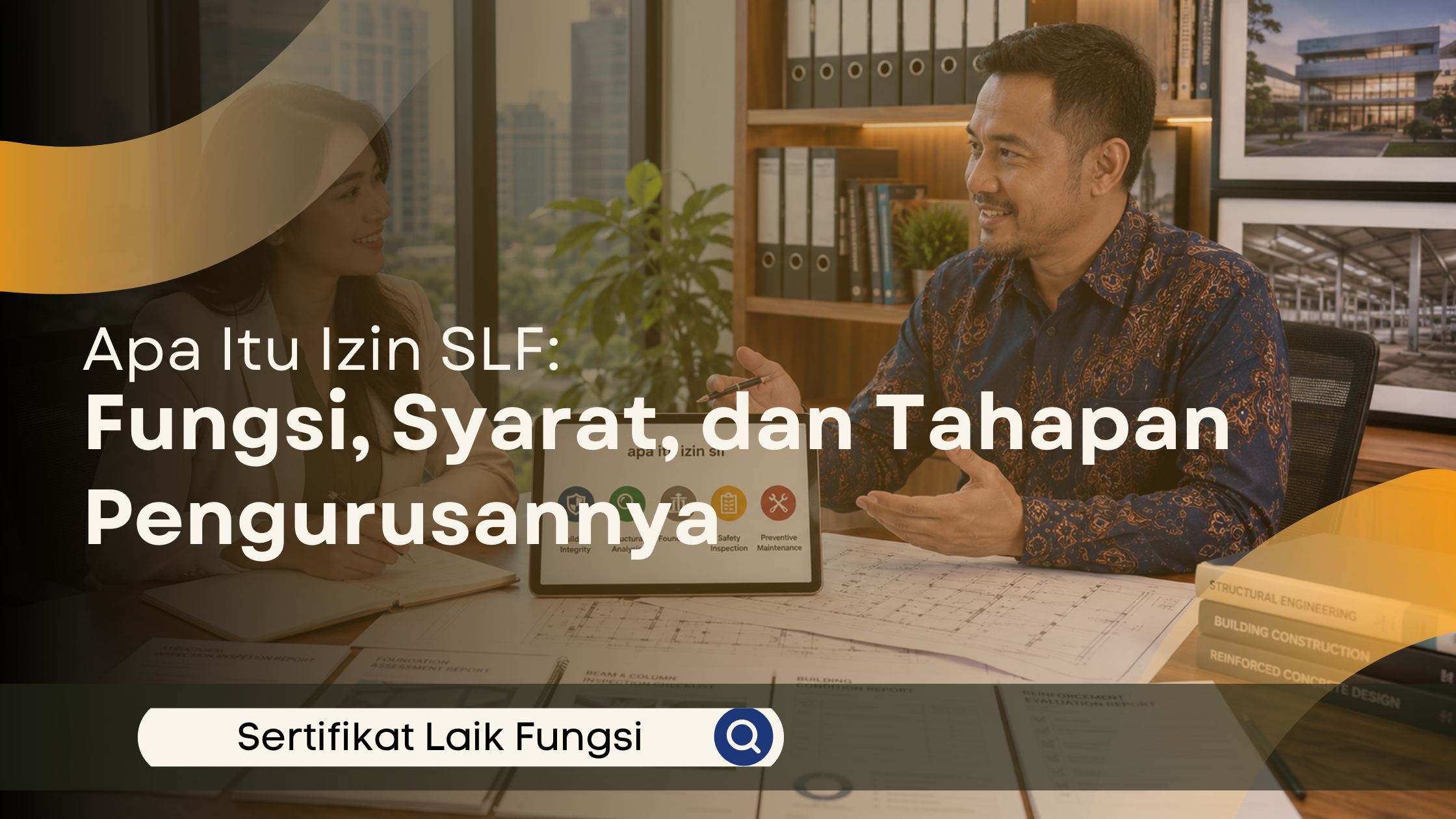 Ilustrasi konsultasi profesional antara pemilik bangunan dan konsultan mengenai izin Sertifikat Laik Fungsi (SLF), dengan pembahasan fungsi, syarat, serta tahapan pengurusan di kantor konsultasi modern.