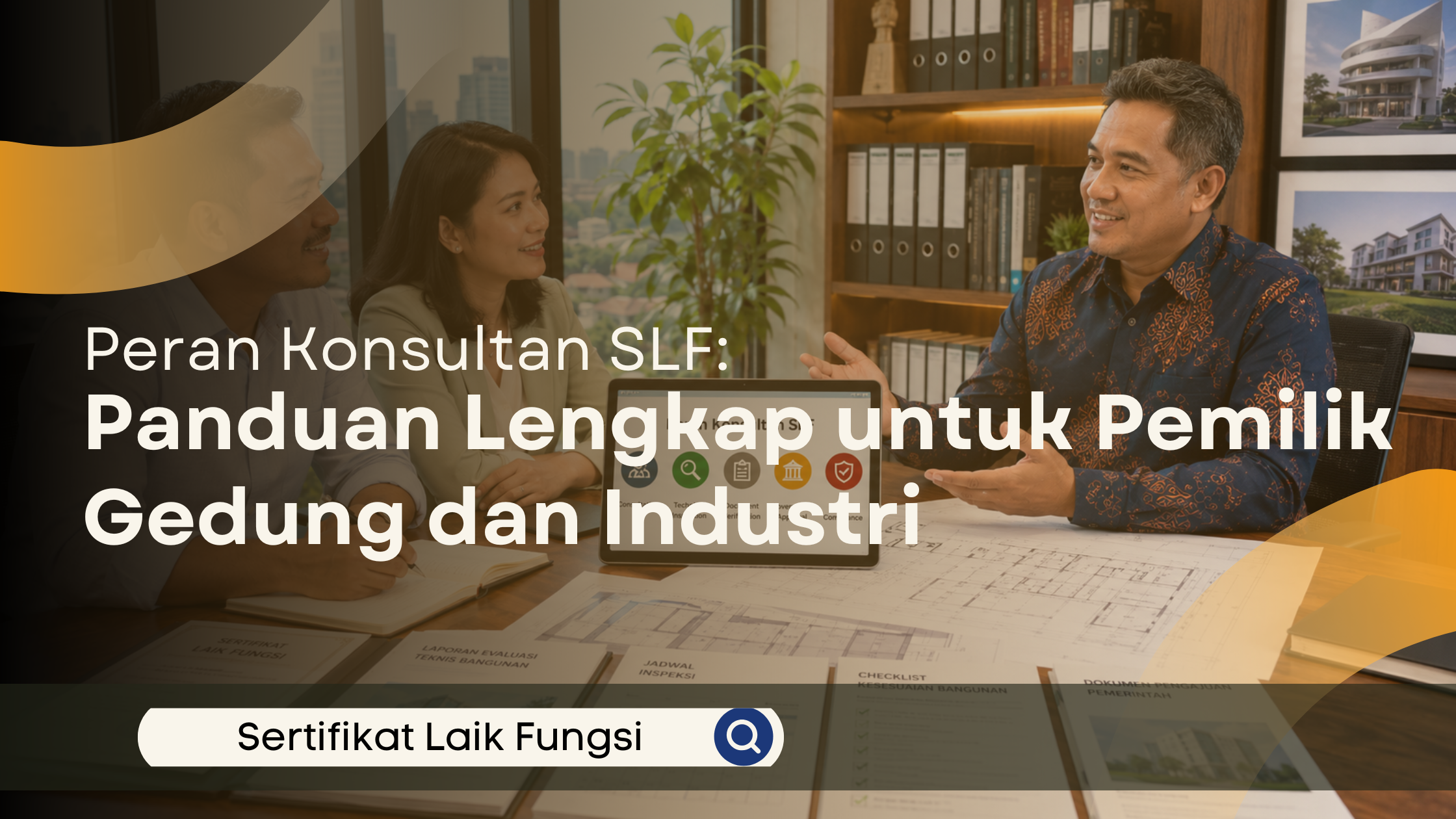 Konsultan SLF menjelaskan peran dan tahapan pendampingan sertifikasi kepada pasangan pemilik bangunan dalam sesi konsultasi di kantor profesional, dengan dokumen teknis dan blueprint sebagai bahan pembahasan.