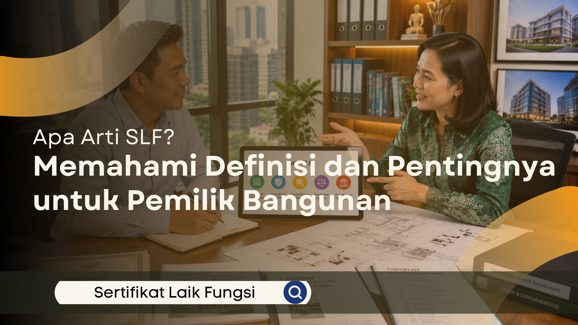 Konsultan SLF menjelaskan arti Sertifikat Laik Fungsi (SLF) kepada seorang klien di ruang konsultasi profesional sambil menunjukkan dokumen teknis dan tablet berisi informasi terkait legalitas bangunan.