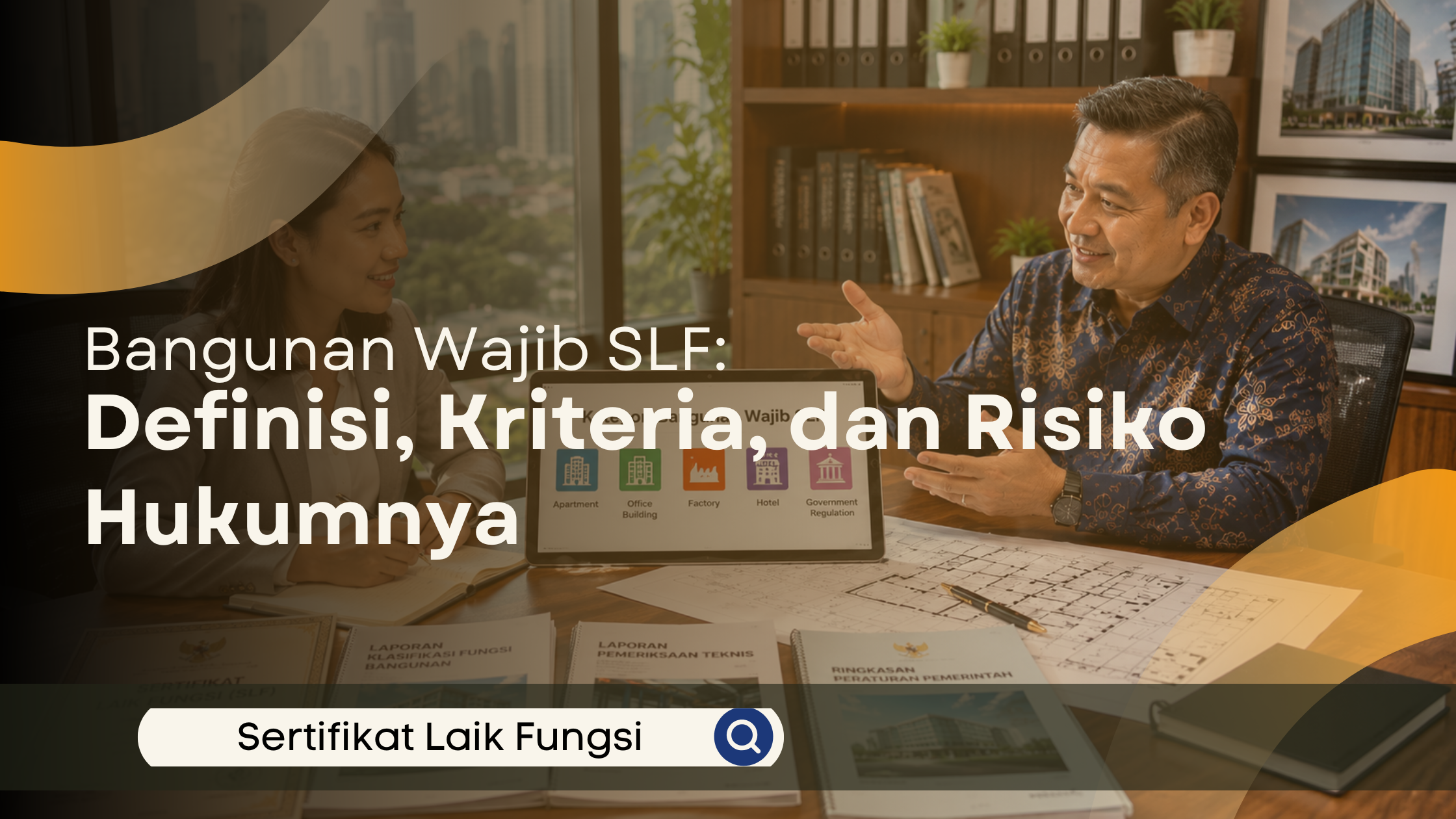 Konsultan SLF menjelaskan kategori bangunan yang wajib memiliki Sertifikat Laik Fungsi kepada seorang klien di ruang konsultasi modern sambil meninjau dokumen teknis dan blueprint bangunan.